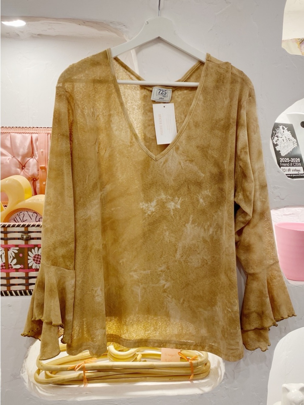 Y2K Vintage Mesh Tie Dye V Neck Top with Three Quarter Length Flowy Bell Sleeves